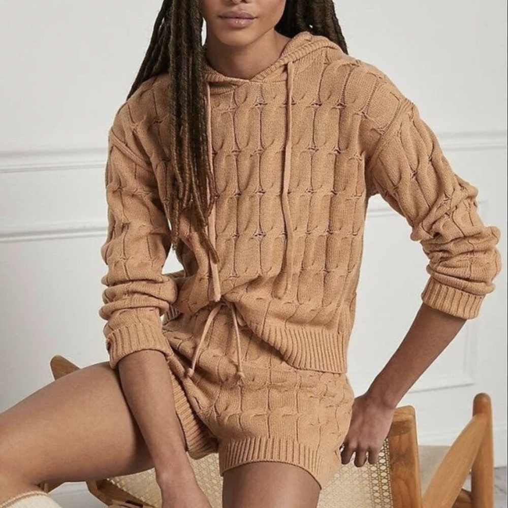 Anthropologie Tan Cable Knit Cardigan Set
